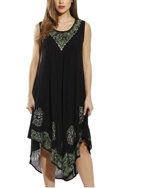 🌺S.R. Fashion Sz S/L (OSFM) Boho Batik Embroidered Black Dress W/Trim Lagenlook